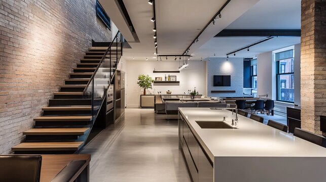 Sleek and modern kitchen with minimalist decor, clean lines, and an open-plan layout in a contemporary loft