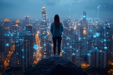 Naklejka premium A woman stands on a cliff overlooking a vibrant, illuminated cityscape at night, symbolizing the convergence of technology and urban life