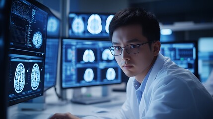Fototapeta premium Asian professionals wearing white coats and glasses working in a laboratory environment.