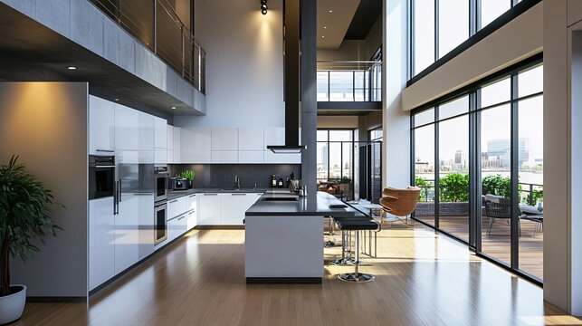 Modern kitchen with sleek appliances, minimalist design, and an open-plan layout in a contemporary loft