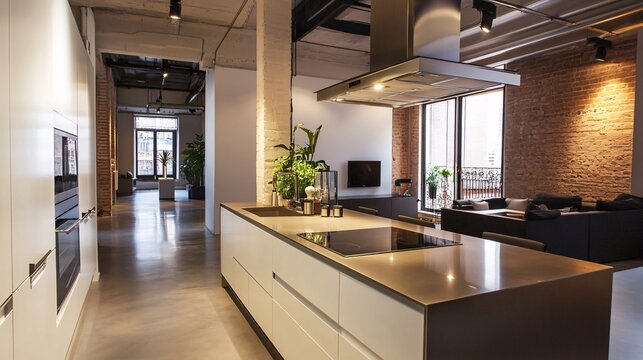 Modern kitchen with sleek appliances, minimalist design, and an open-plan layout in a contemporary loft