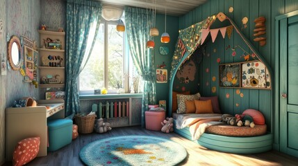 A Child's Room with a Bed Shaped Like a Treehouse