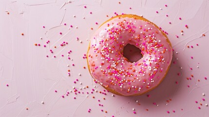 Frosted donut with pink sprinkles and scattered dots