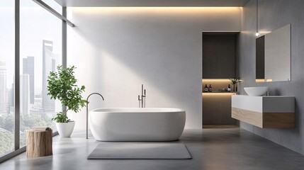 Modern bathroom with sleek fixtures, minimalist design, and clean lines in an open-plan studio apartment