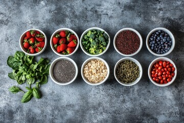 Variety of fresh organic ingredients ready to be cooked or eaten. Selection includes berries, leafy greens, and nuts.