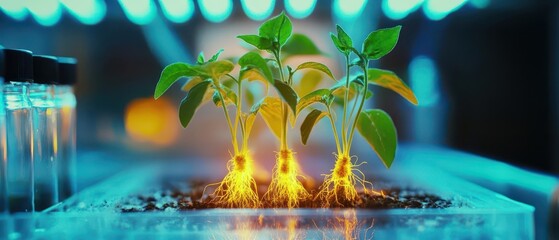 A closeup of a plant with genetically engineered roots glowing under lab lights