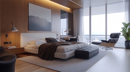 Minimalist bedroom with sleek furniture, neutral tones, and clean lines in a contemporary loft