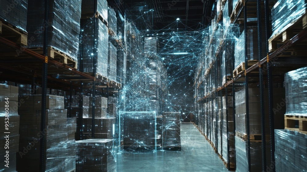 Aufkleber Aisle in a Warehouse with Network Data Visualization