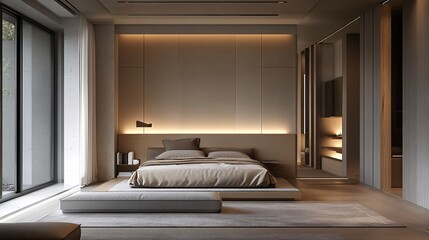 Minimalist design of a contemporary bedroom with clean lines, neutral tones, and an open-plan layout