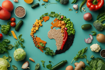 World map created from vegetables and grains, highlighting global food sustainability and healthy diets. World Vegetarian Day