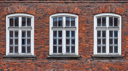 Fototapeta premium Three White Windows on Red Brick Wall