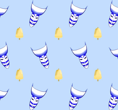 Seamless pattern with Phi ta Khon isan, Vector texture illustration. Blue Background