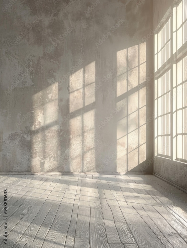 Poster a large room with a white wall and a window. the room is empty and has a very clean and simple look