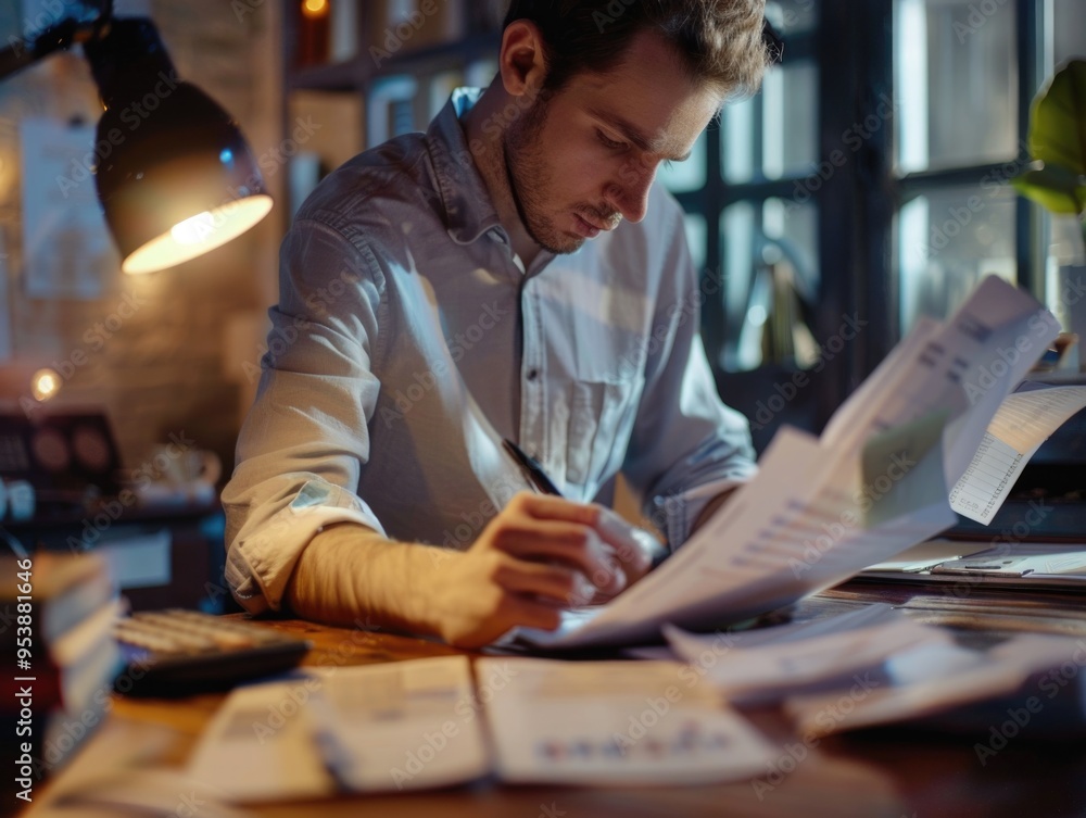 Aufkleber a man is sitting at a desk with a stack of papers in front of him. he is writing on one of the paper