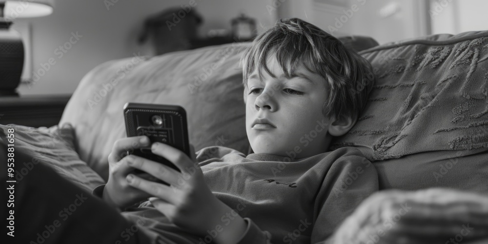 Poster a boy is sitting on a couch and playing a video game on his cell phone. the boy is focused on the ga
