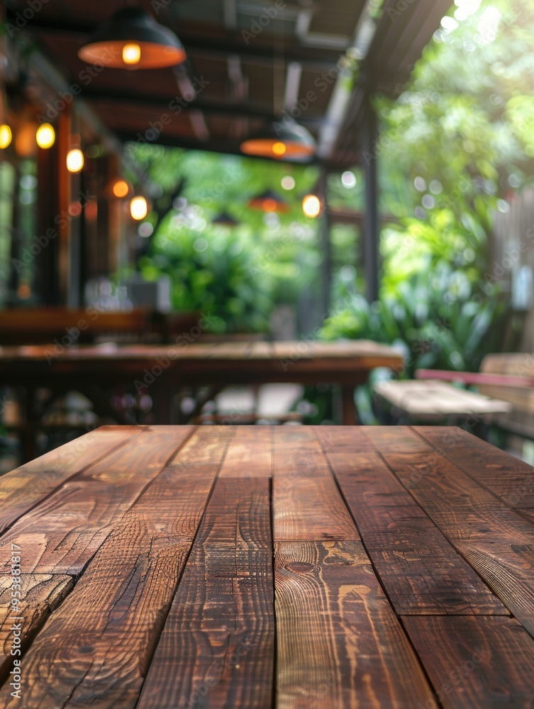 Poster a wooden table with a view of a restaurant patio. the table is empty and the patio is filled with pl