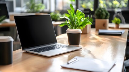 Organized Professional Office Desk with Laptop,Coffee,and Documents