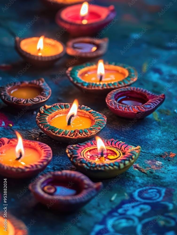 Aufkleber a row of colorful candles are lit on a blue surface. the candles are arranged in a way that they are