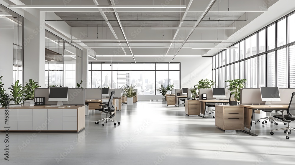 Poster bright and airy open-plan office workspace with collaborative desks and computers