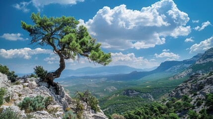Obraz premium Solitary Pine Tree on a Mountain Cliff