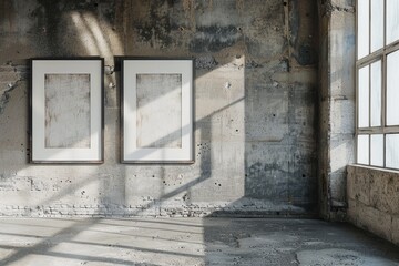 A room with two white frames on the wall. The room is empty and has a very industrial feel