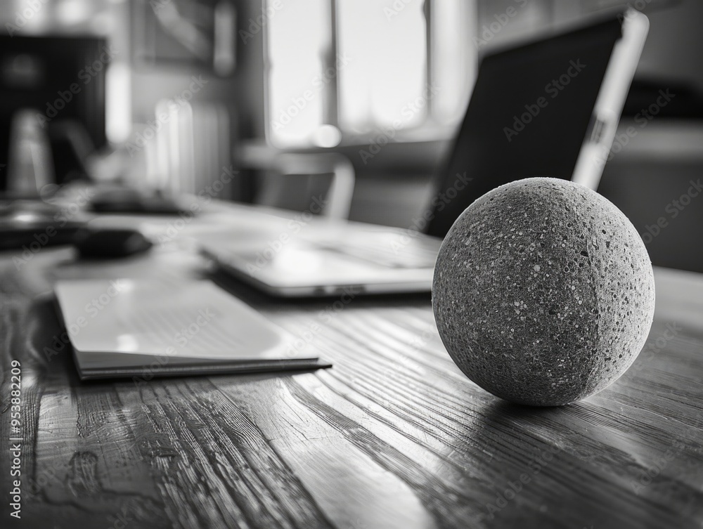 Poster a small ball sits on a wooden table in front of a laptop and a notebook. the scene is simple and unc