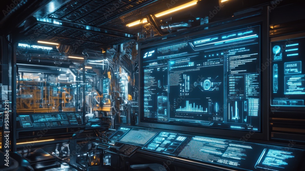 Aufkleber Futuristic Control Room with Illuminated Monitors Displaying Data and Code