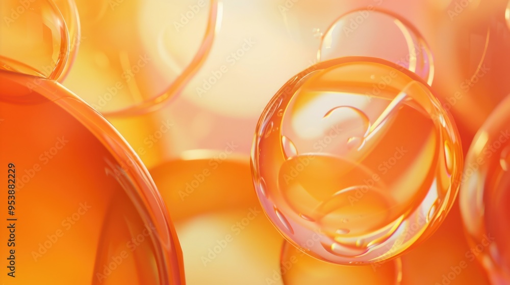 Poster a close up of orange spheres with a yellow background. the spheres are all different sizes and are a