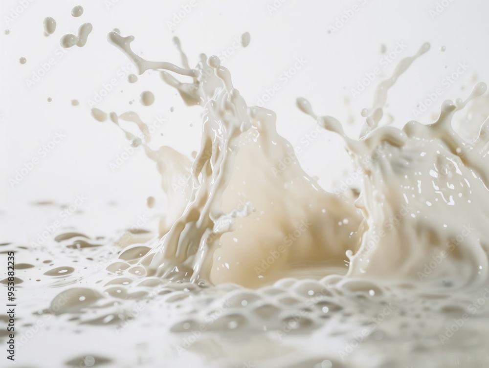 Poster a splash of milk is shown in a white background. the splash is large and covers a significant portio