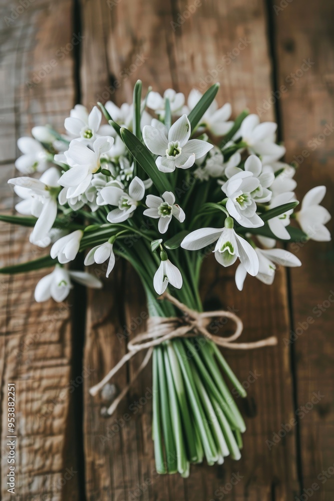 Poster a bouquet of white flowers is tied together with a brown string. the flowers are arranged in a way t