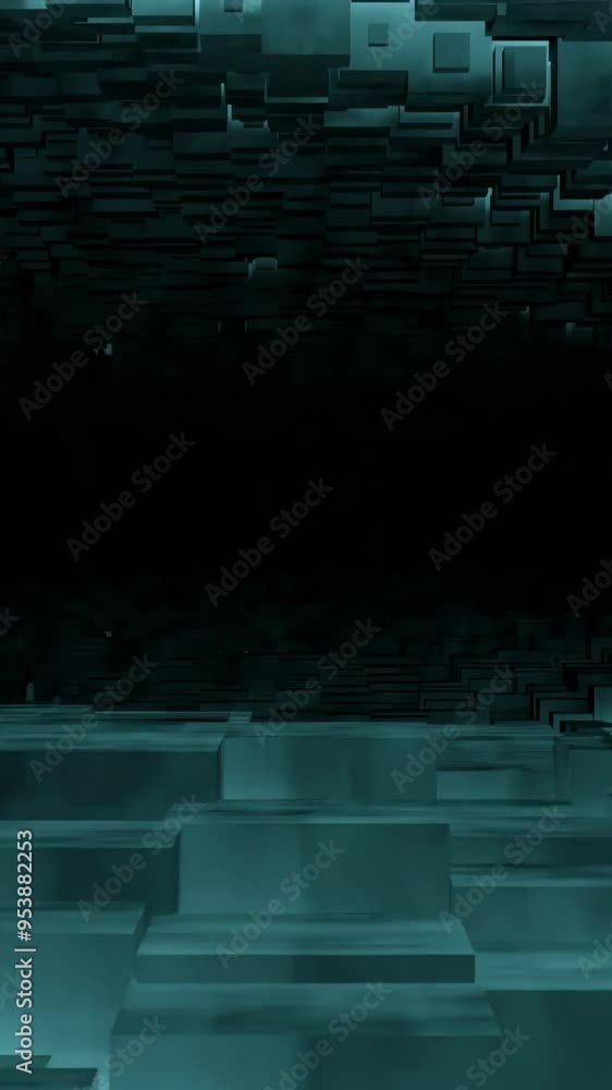 Poster flying inside horizontal endless dark tunnel with mirror reflection effect. design. geometric corrid