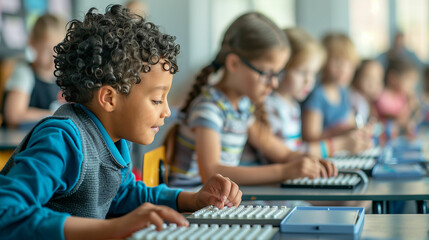 Young student using braille reader in a classroom setting