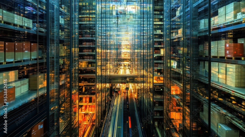 Poster abstract view of a multi-level warehouse with rows of stacked boxes