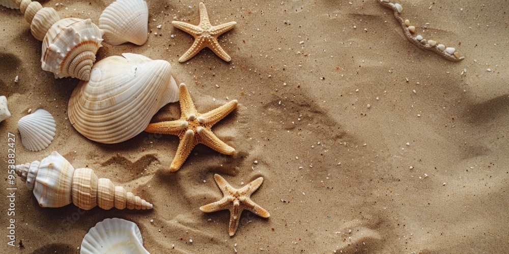 Poster a beach scene with shells and starfish on the sand. the shells are scattered around the starfish, cr