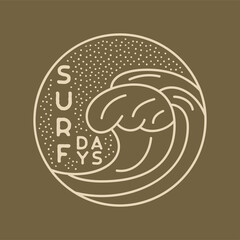 Camping adventure badge design. Outdoor crest logo with surf waves. Travel silhouette label isolated on dark. Stock tattoo graphics emblem