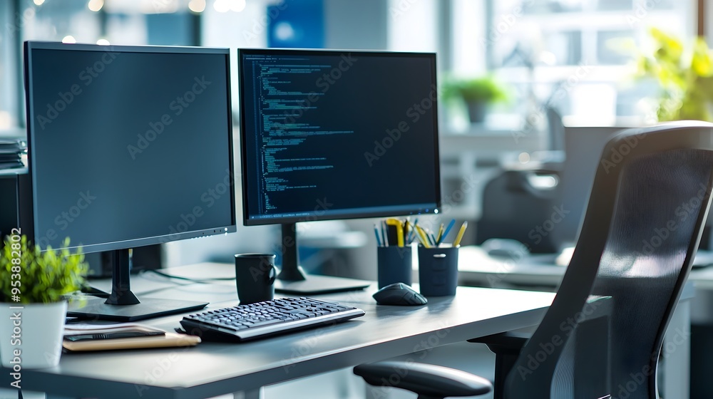 Aufkleber efficient and organized workspace with dual monitors and ergonomic design