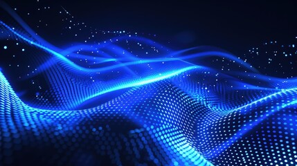 A vibrant abstract representation of flowing blue waves with dots, suggesting movement and digital themes.