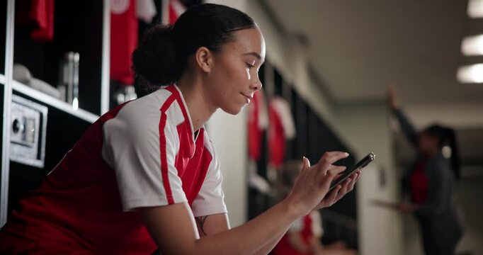 Sport, girl and happy in locker room with phone, social media and check training schedule. Football player, woman and smile at mobile for good news, league acceptance and favorite soccer team update