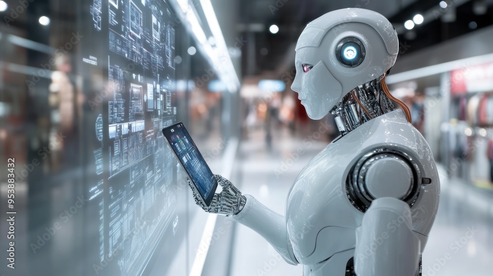 Poster humanoid robot interacting with digital interface