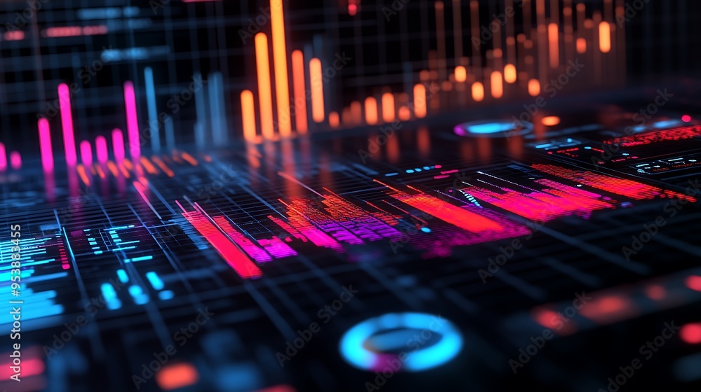 Poster abstract digital interface with neon bars and grid