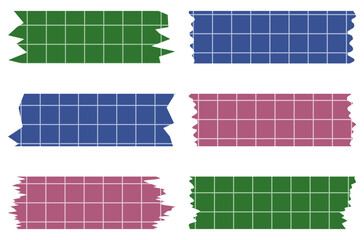 Set of paper sheets isolated on white. Pieces of decorative tape for scrapbooks. Washi tapes collection in vector. Ripped paper. Torn pieces of paper from a notebook in a cell. Colorful ribbons