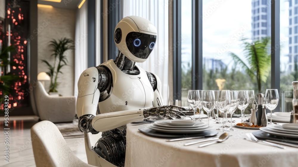 Poster robot serving a table