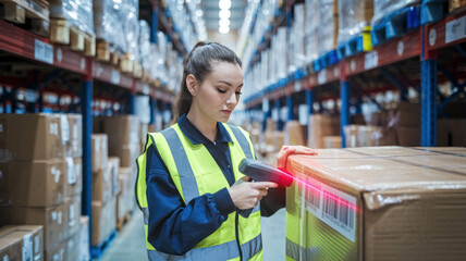 Warehouse Worker, A Young Woman In A Reflective Vest, Holding A Handheld Scannerand Scanning A Barcode On A Large Cardboard Package