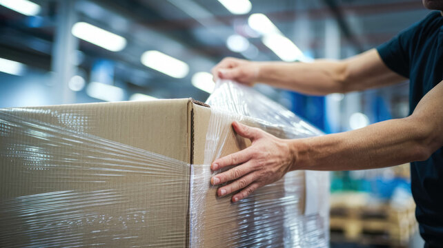 Warehouse Worker's Hands Wrapping A Large Cardboard Package With Plastic Wrap, E-commerce Industry - Powered by Adobe