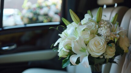 A bouquet of white flowers sits in a vase on the back seat of a car