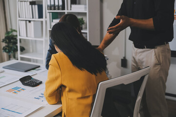 Asian women are stressed while working on laptop, Tired asian businesswoman with headache at...