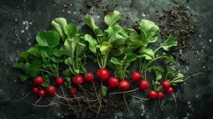 Freshly harvested radishes with green leaves on a rustic background.