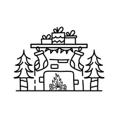 Naklejka premium Christmas line icon from the Christmas camping series. Happy Holidays symbol and elements. Stock winter . Chimney with gift boxes and socks