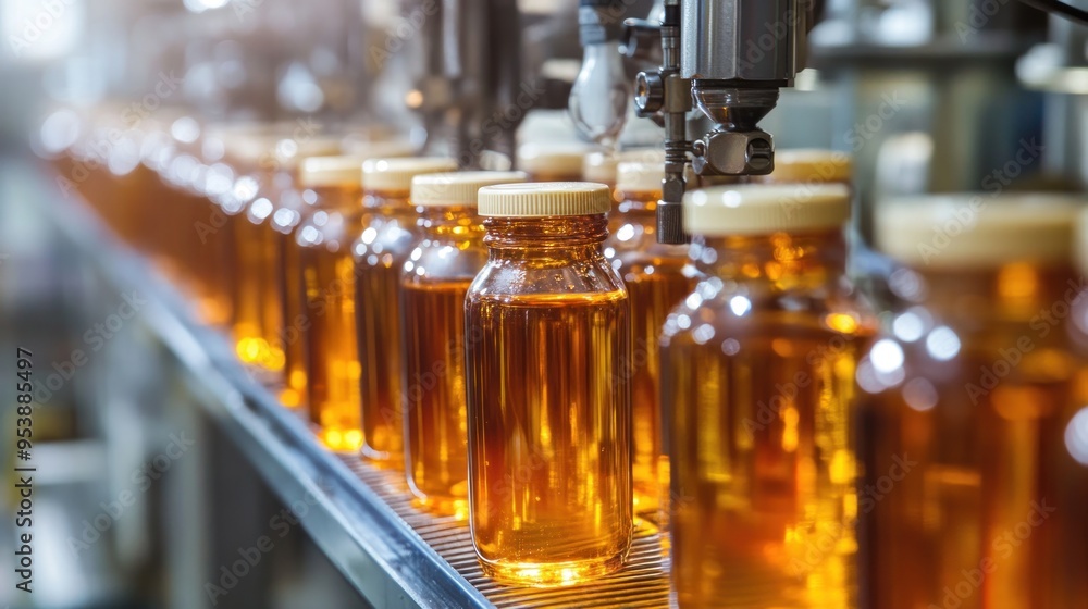 Poster bottles on a conveyor belt in a factory