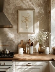Rustic kitchen with wooden countertop, white cabinets, and a framed print on the wall. Sunbeams stream through the window, illuminating the space.